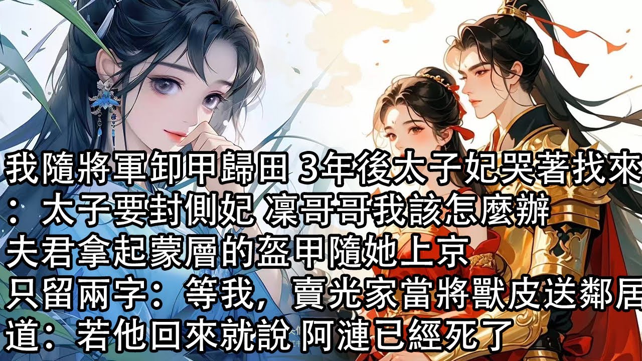 【一口氣看完】我隨將軍卸甲歸田 3年後太子妃哭著找來：太子要封側妃 凜哥哥我該怎麼辦，夫君拿起蒙層的盔甲隨她上京，只留兩字：等我，賣光家當將獸皮送鄰居道：若他回來就說 阿漣已經死了