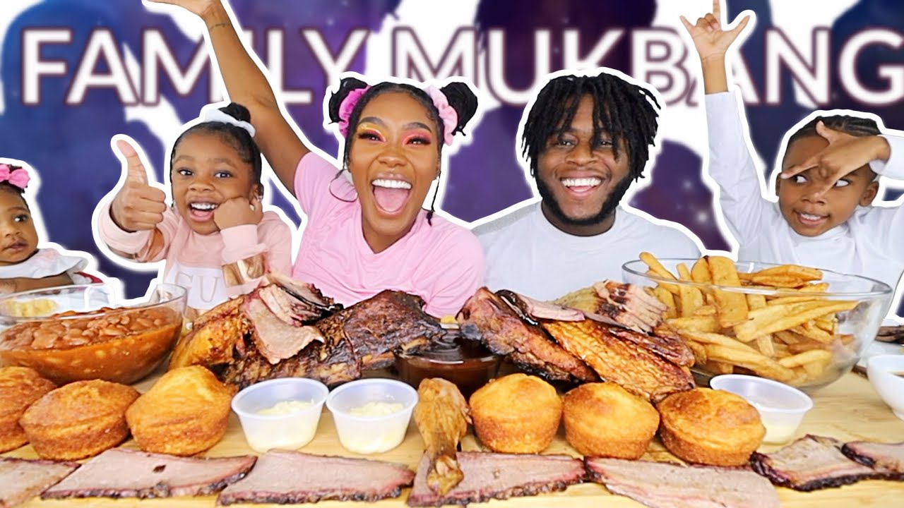 FAMILY BBQ MUKBANG + Q&A | RIBS, CHICKEN, BRISKET, BAKED BEANS, MAC & CHEESE