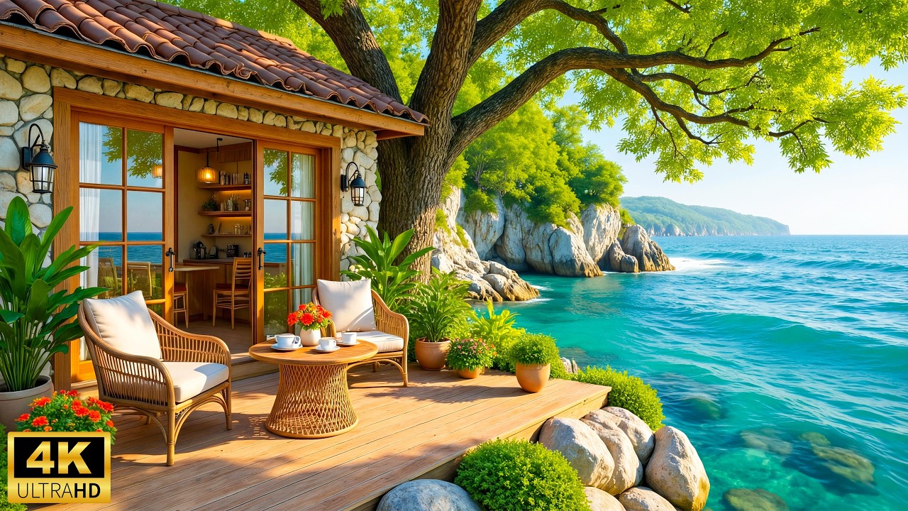 Relaxing Seaside Piano & Smooth Waves Sound ~ Positive Spring Piano Music to Energize the day