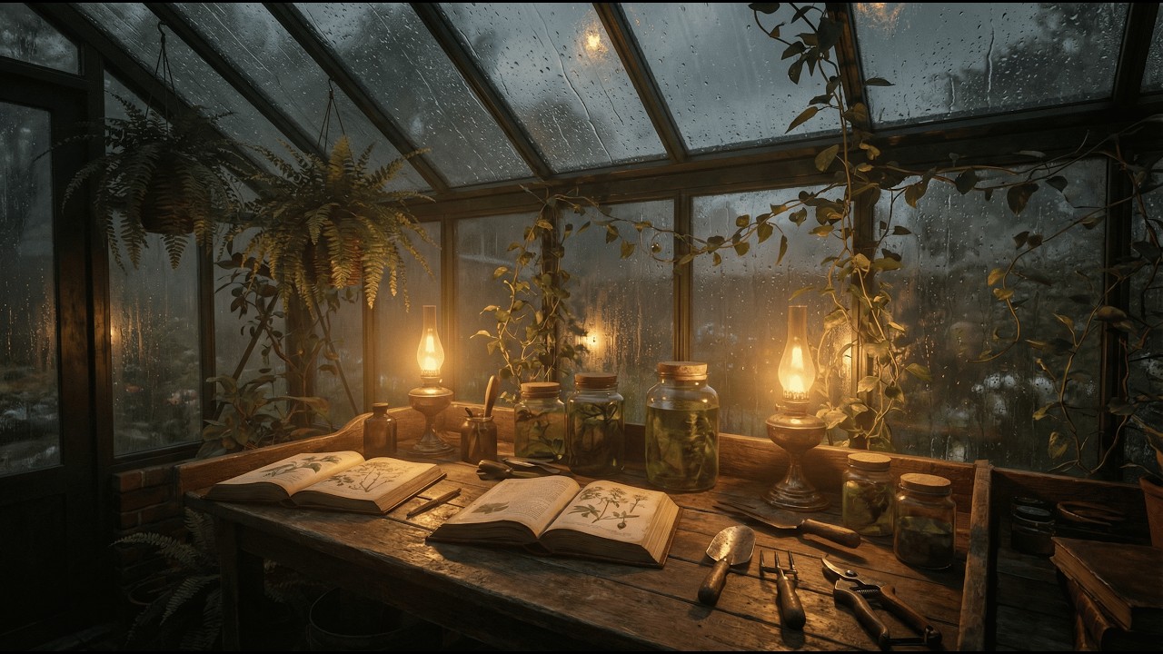 Poison Garden Greenhouse - Heavy Rain on Glass & Dark Acoustic Music [1 Hour]