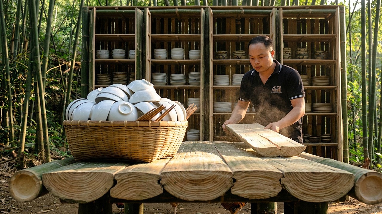 Man Build a Bamboo Dining Table and Cupboard Alone – Start to Finish