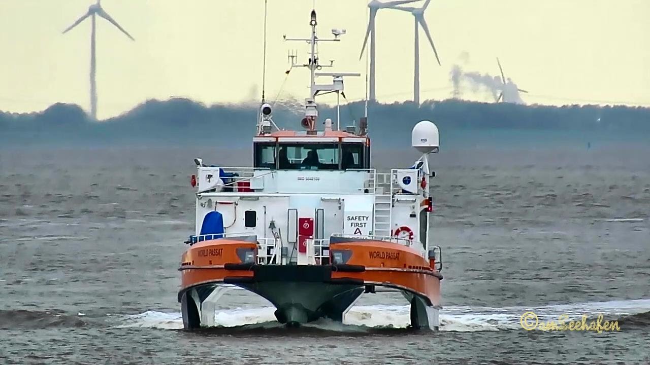 offshore crew boat WORLD PASSAT OWJS2 IMO 9642100 inbound Emden high speed craft