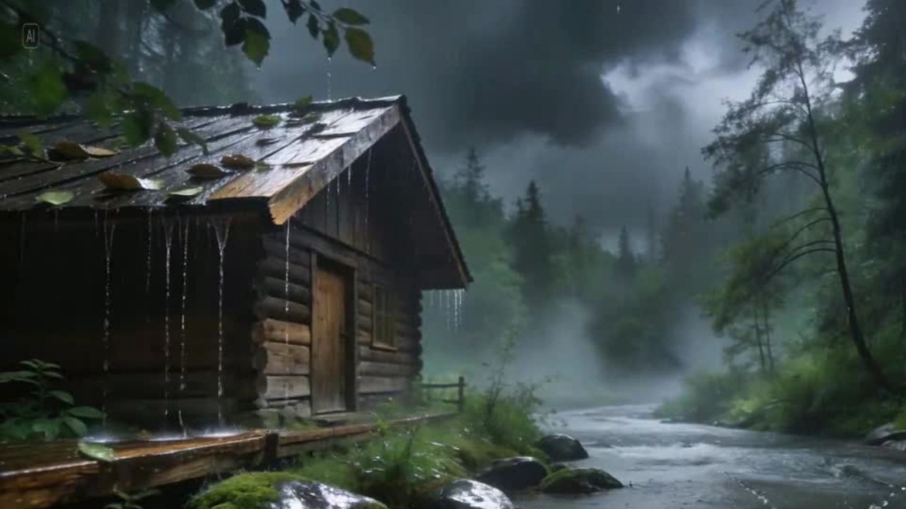 Relaxing Piano music + heavy rain in a cabin by the river for Deep sleep, Focus & Rest