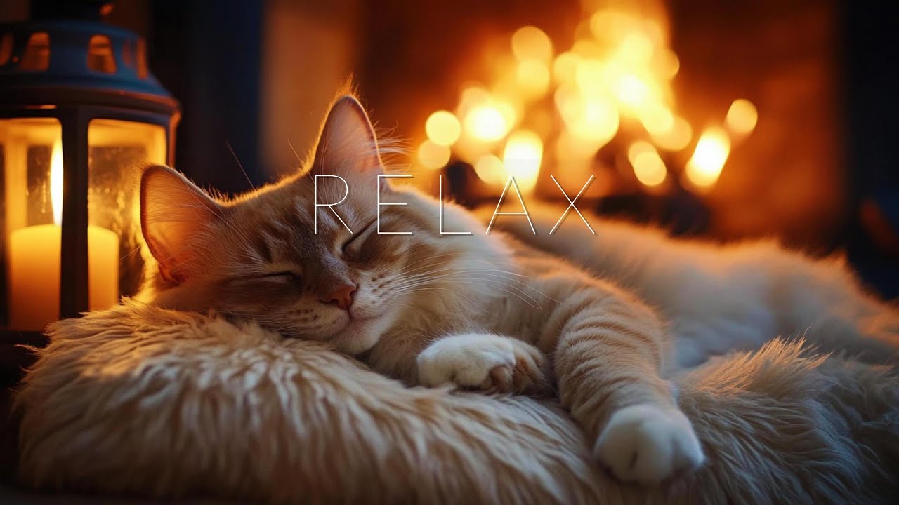 Soothing Piano Music Relaxing Sleepy Cat Cozy up with warm Fireplace for Anxiety & Stress Relief