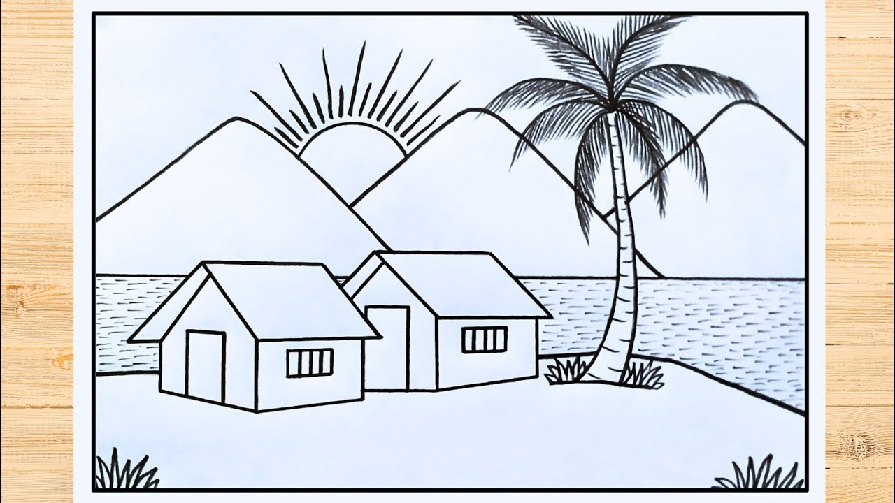 সহজে প্রাকৃতিক দৃশ্য আঁকা | Prakritik drishya drawing | Easy & beautiful village drawing with pencil