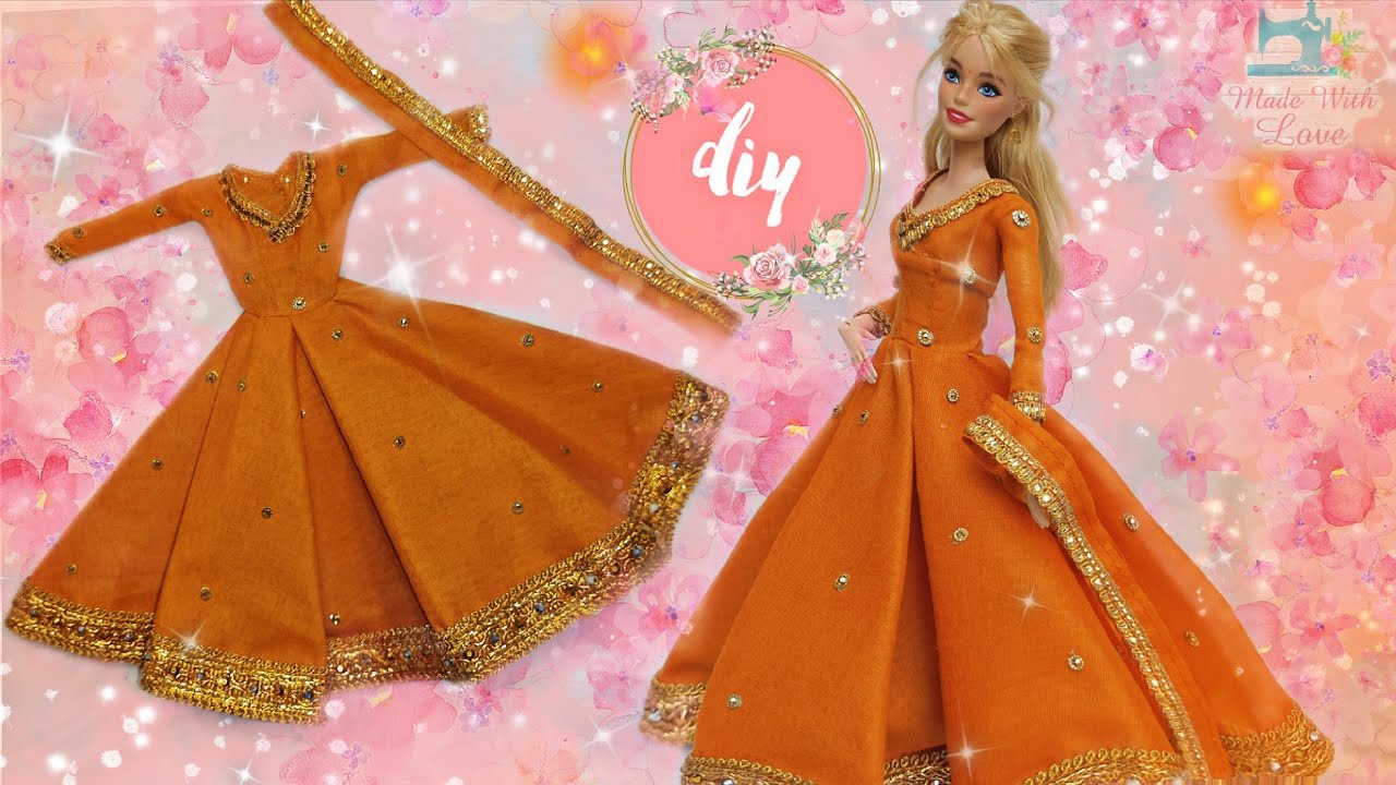 Making beautiful Indian long frock for doll | easy Indian dress for doll | diy Barbie clothes easy 