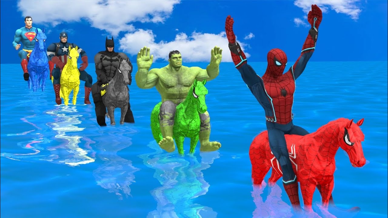 RED HORSE SPIDERMAN CROSSING FOUNTAIN ON RAINBOW SPIDERS BRIDGE AGAINST SHARKS RESCUE ANIMALS GAME