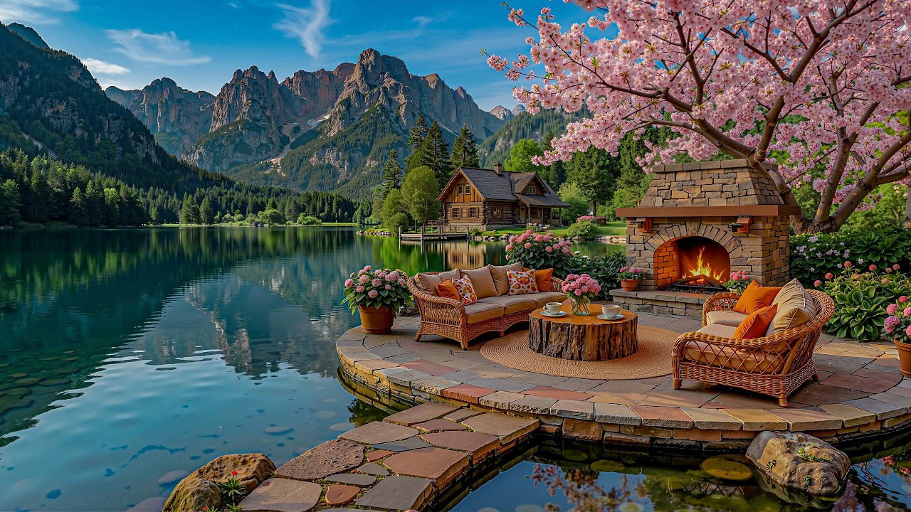 Peaceful Spring Morning Lakeside Fireplace Jazz 🌸Soft Jazz Melodies Filling a Calm Slow Living Space