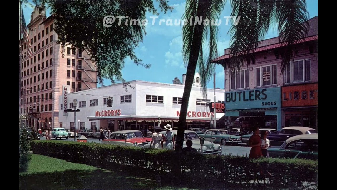 Vintage Main Street Munn Park, Lakeland Florida 1950's Butler's Shoes, McRory's Store, Liggett Drugs