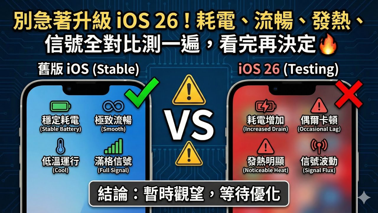 Apple & Phone & ios26「别急着升级 iOS 26！耗电、流畅、发热、信号全对比测一遍，看完再决定🔥」
