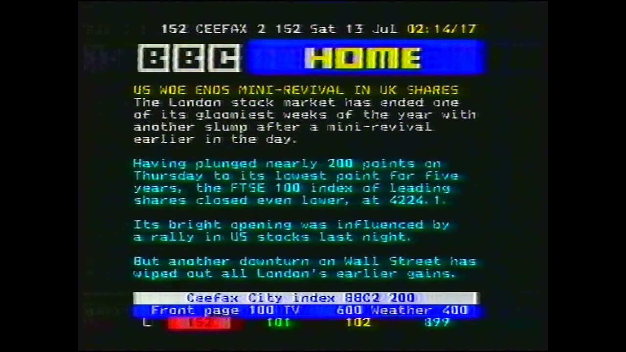[720p/50p] BBC TWO | Pages from CEEFAX | 12th July 2002 (early hours of 13th) | NICAM stereo