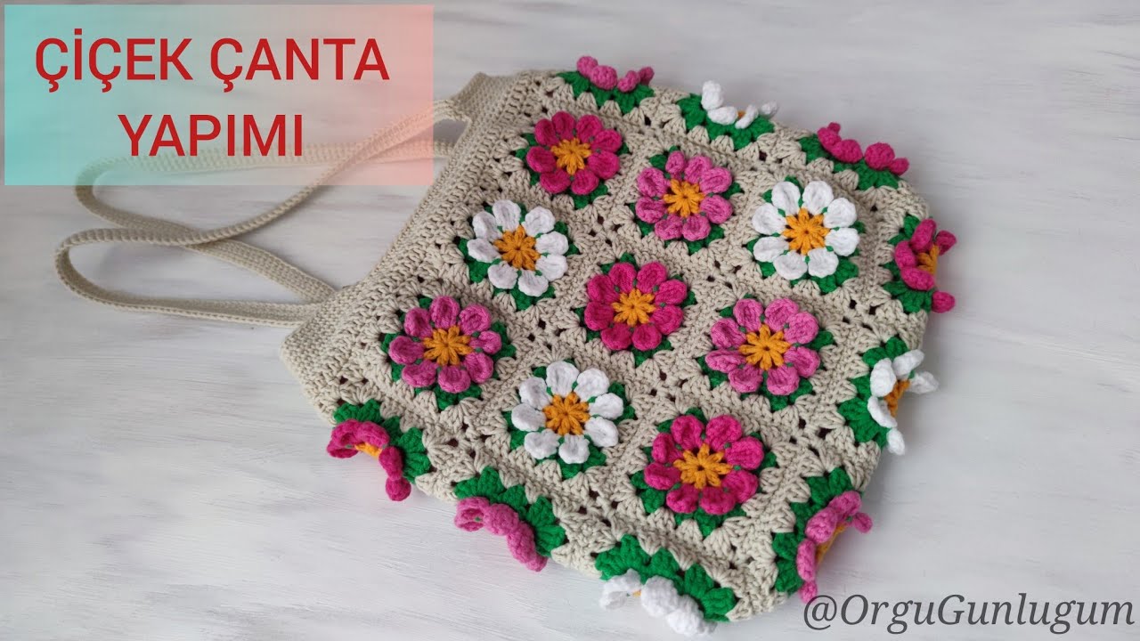 Çiçek Çanta Yapımı 🌸 Crochet bag 💜 Çiçek motifli kare çanta yapımı🌸27 Motifli çiçek çanta yapımı