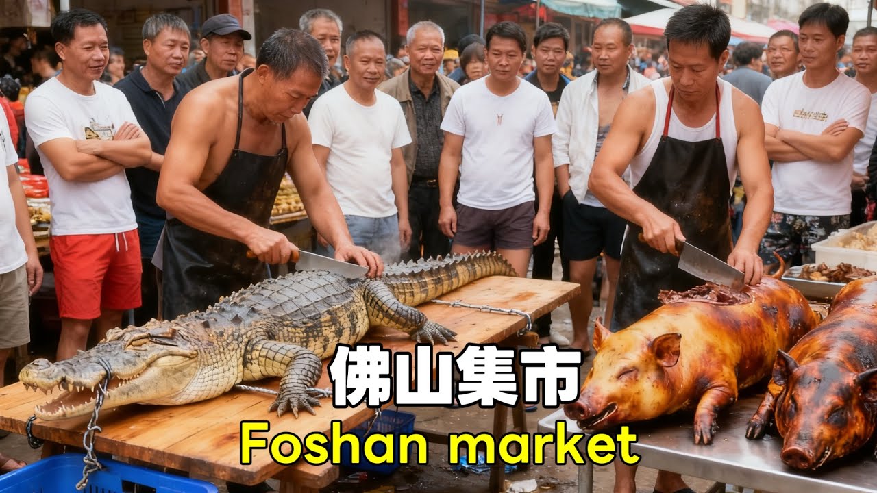 廣東佛山傳統集市！燒豬十分誘人，很受當地人的喜愛！大鰐魚現剎現賣，眾多人圍著搶購！還有千層糕，鉢仔糕，廣式的牛雜，現做現賣的魚餅，現烤的鍋盔，豆腐花等眾多特色美食讓人大飽口福！一個很有煙火氣的集市！