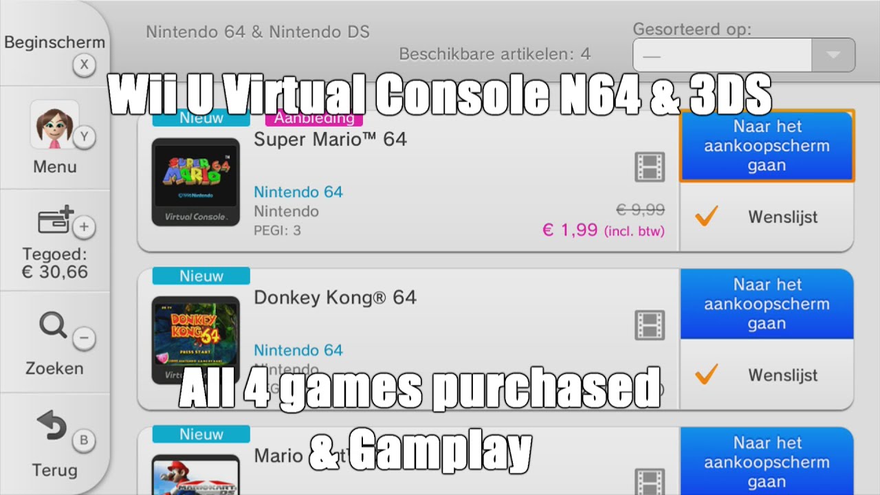 Wii U Virtual Console [N64 & DS] Purchasing all 4 games & Gameplay