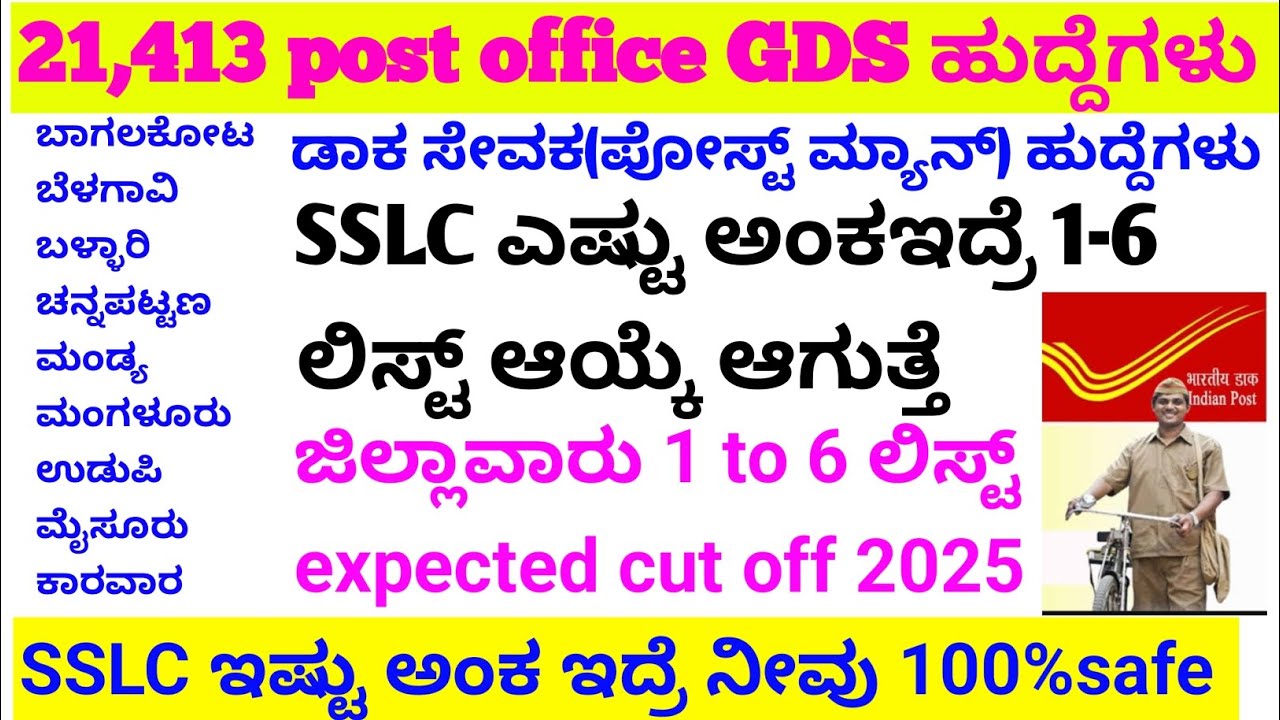 Post office Gds ಜಿಲ್ಲಾವಾರು cutoff2025/sslc Cutoff ಎಷ್ಟು?post office new requirement 2025/#postoffice