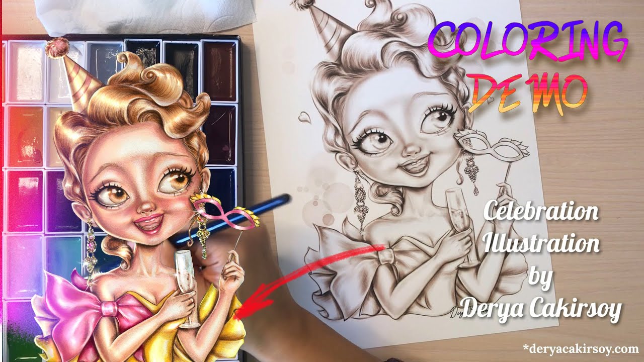 Celebration Illustration by Derya Cakirsoy Watercolor, Marker & Colored Pencil  Coloring Demo