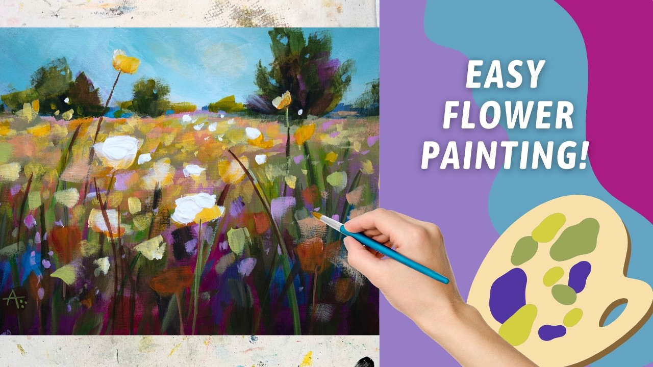 Spring Loose Flower Field Acrylic Painting! Painting with a Flat Brush! How I Achieve SOFT Edges!