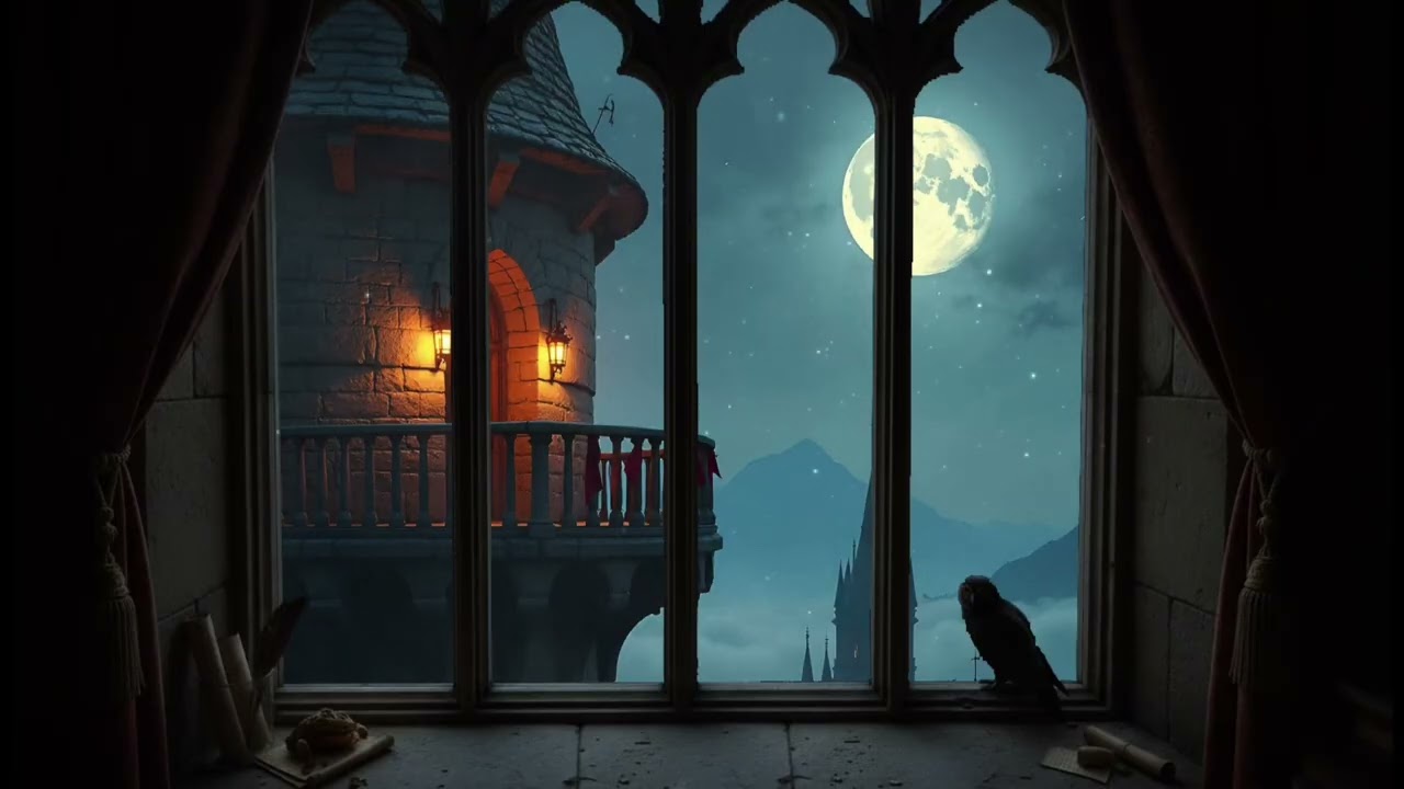 🌙 Foggy Hogwarts Night | Moonlit Castle Window ❄️🏰 4K for Projector
