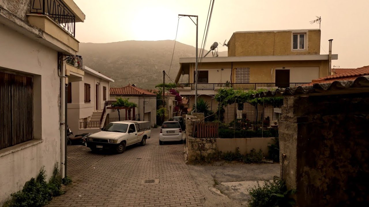 Walking tour of Archanes, Crete, Greece covered in African Saharan dust
