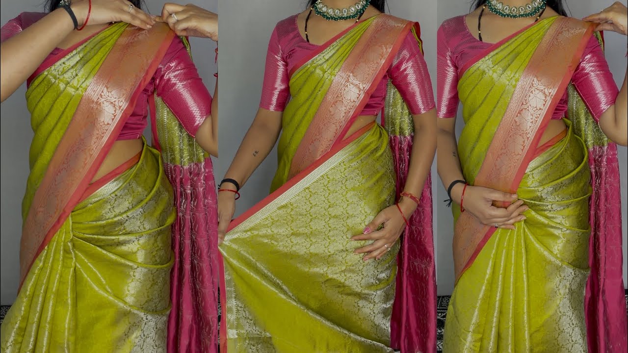Pure kanzivaram saree draping tutorial/how to perfect side &shoulder pleats in easy tricks beginner 