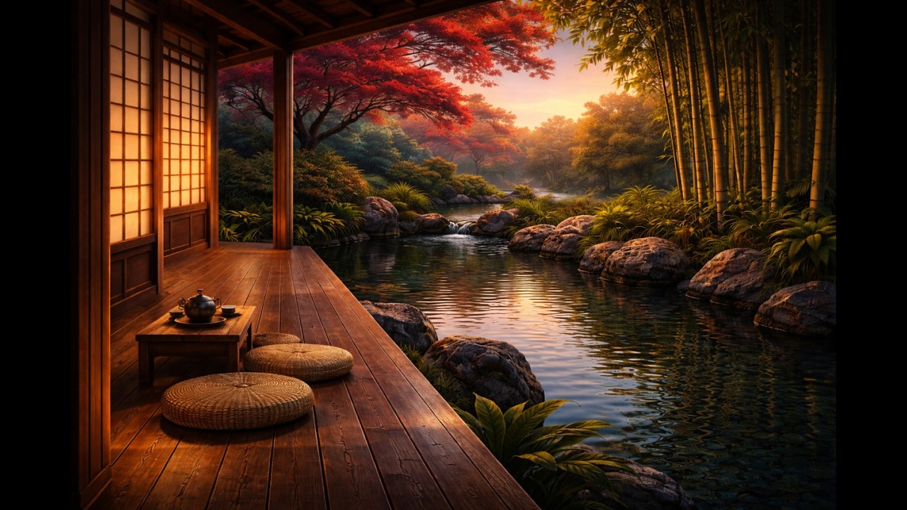 Gentle Water Flow & Zen Tea Porch | Relaxing Nature Ambience for Meditation & Sleep