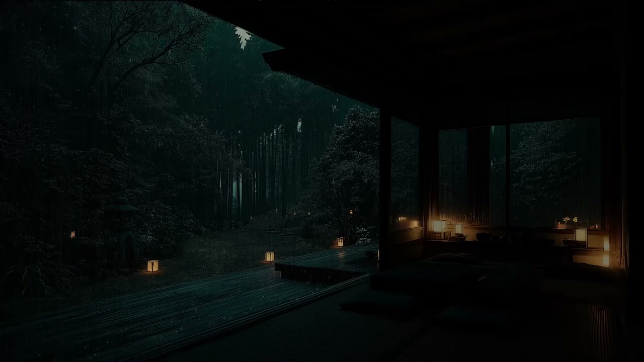 Rainy Night Ambience from a Dark Bedroom Window Overlooking Nature for Calm Sleep and Peace
