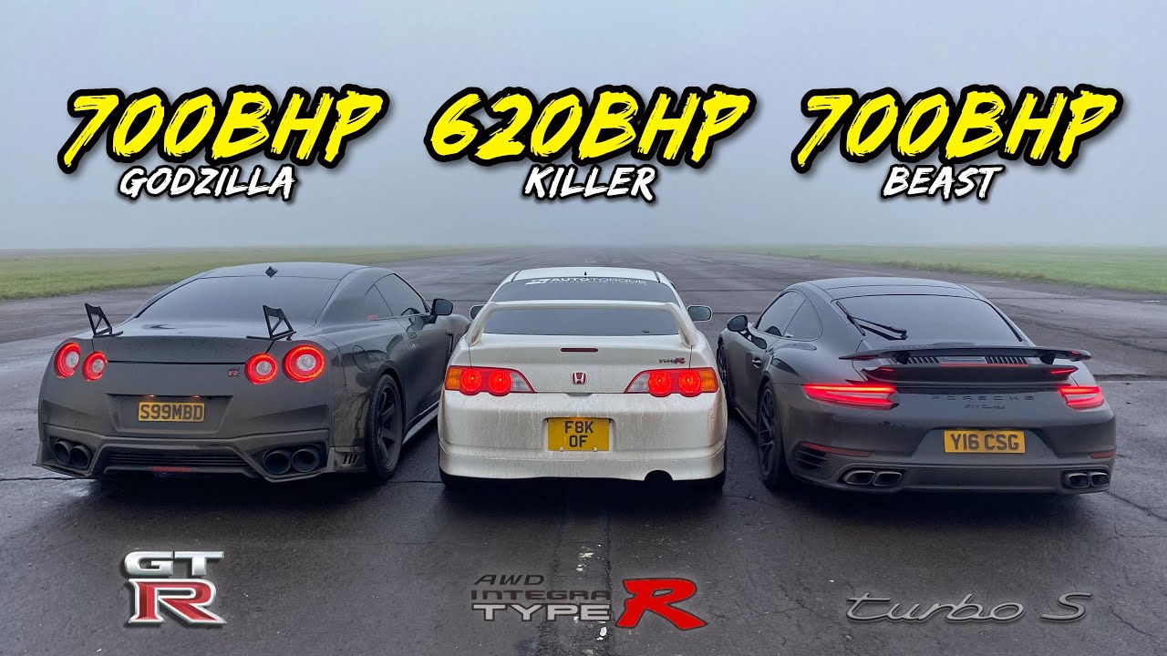 AWD SAVAGES.. 700HP 911 TURBO vs 620HP DC5 TYPE R vs 700HP GTR