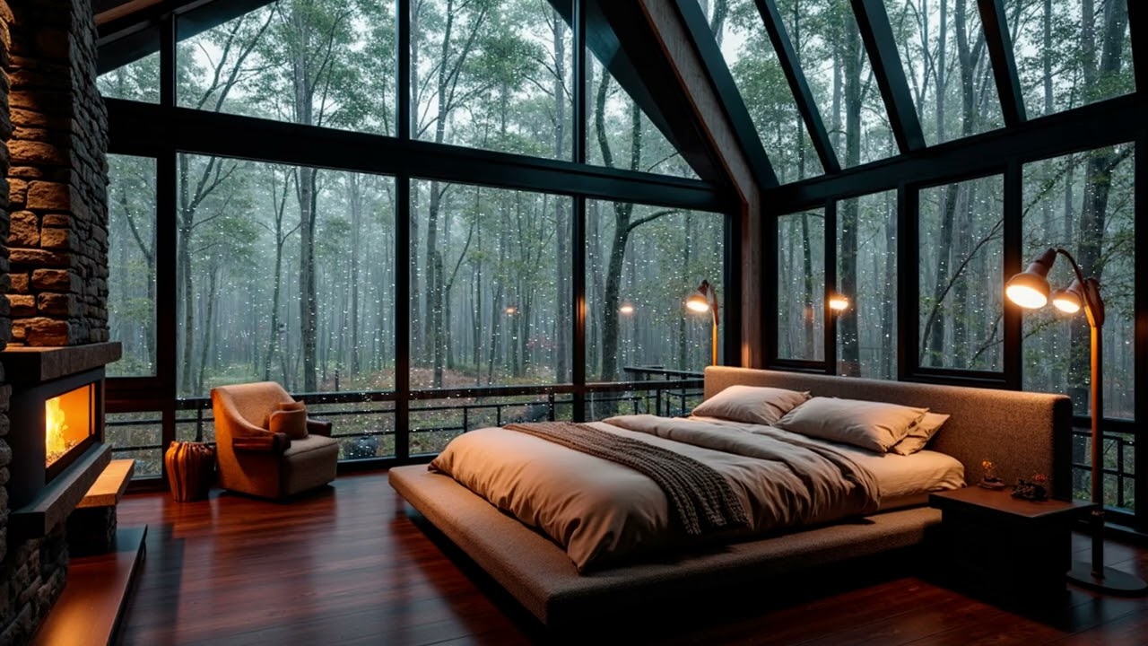 Rain Sounds in a Glass Roof Forest Cabin | Warm Fireplace Bedroom Night Ambience