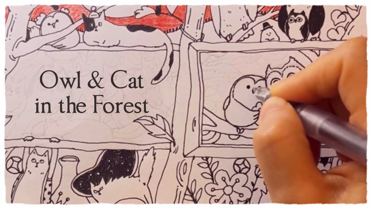 Line Drawing Process for YouTube Banner | Cat, Owl & Floral Ink Art