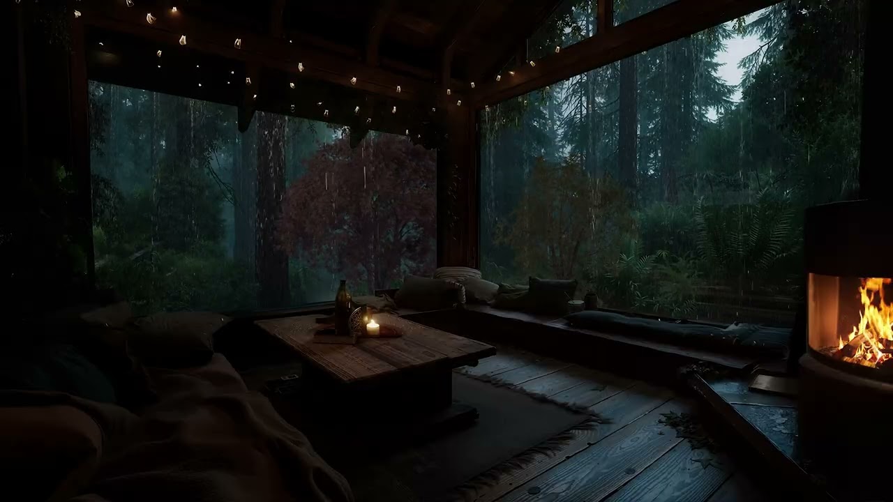 Rainy Soundscape in The Tropical Forest | Cozy Cabin Ambience with Fireplace Crackling