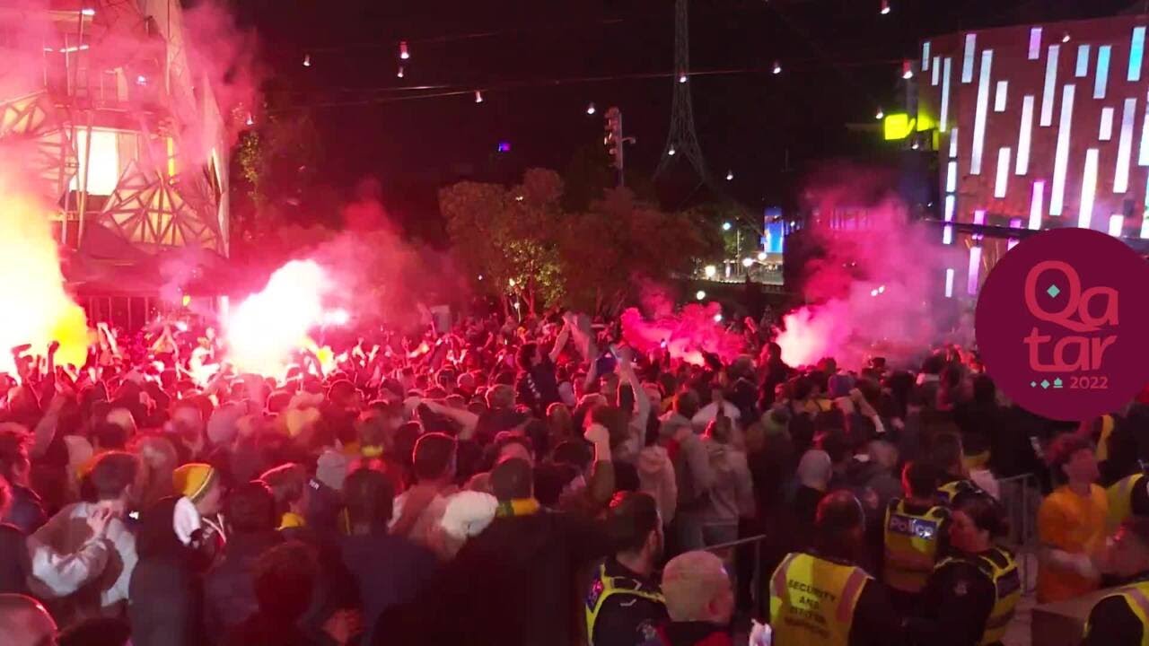 Australian fans go wild at Fed Square as Leckie scores winner against Denmark