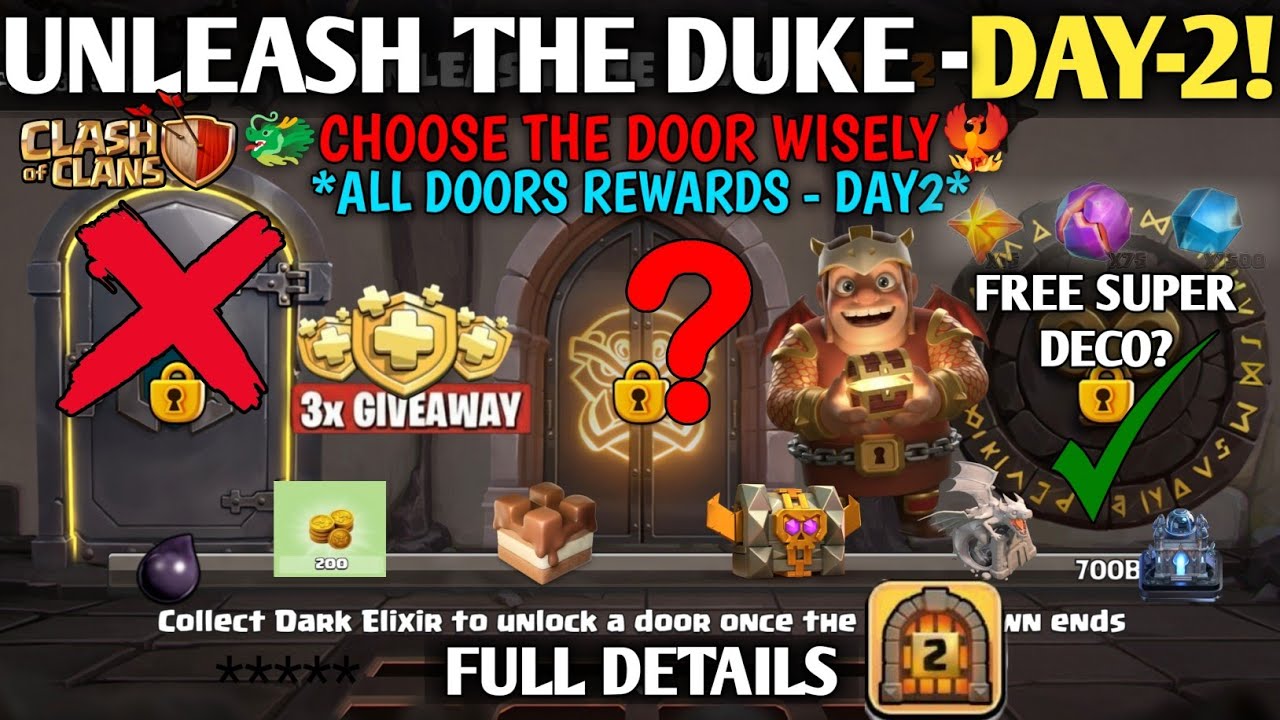 🚨UNLEASH THE DUKE DAY 2 DOORS REWARDS In Clash Of Clans - Free Chests,Deco, Scenery & Magic Items!✅