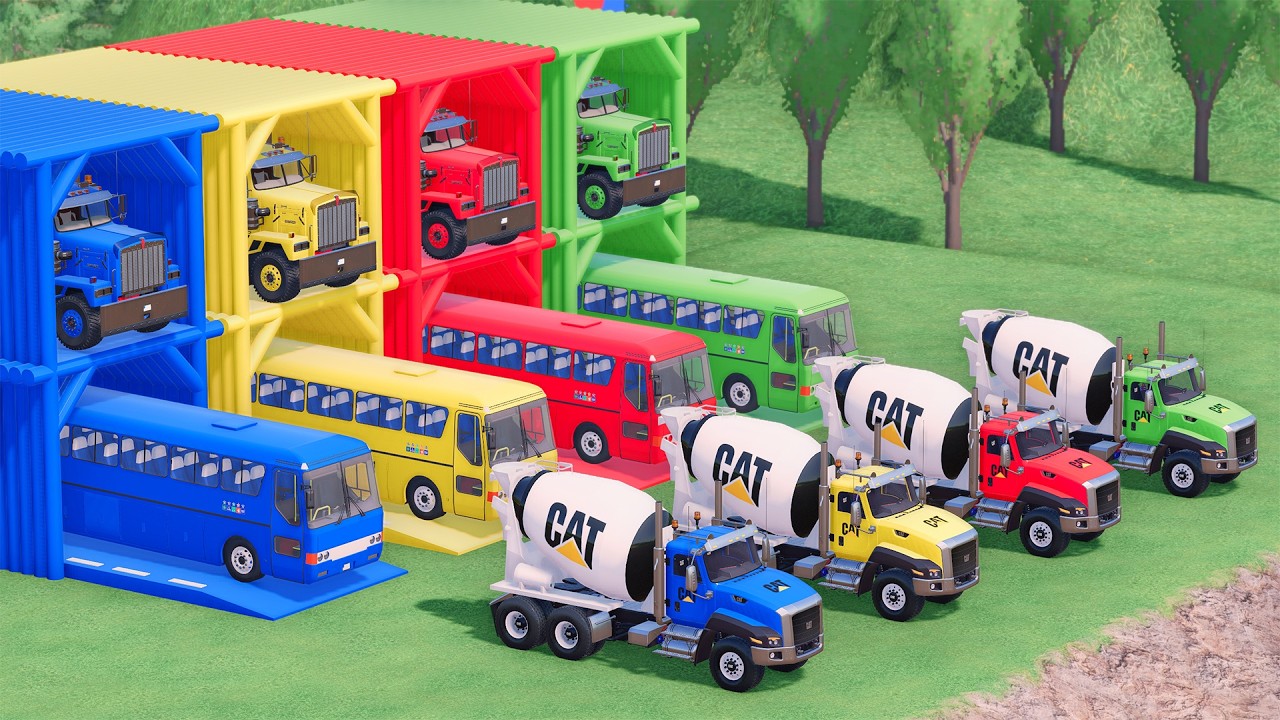 Trucks With COLORS - CAT MIXER TRUCK and LIZARD BUS with KENWORTH FLATBED TRAILER TRUCK