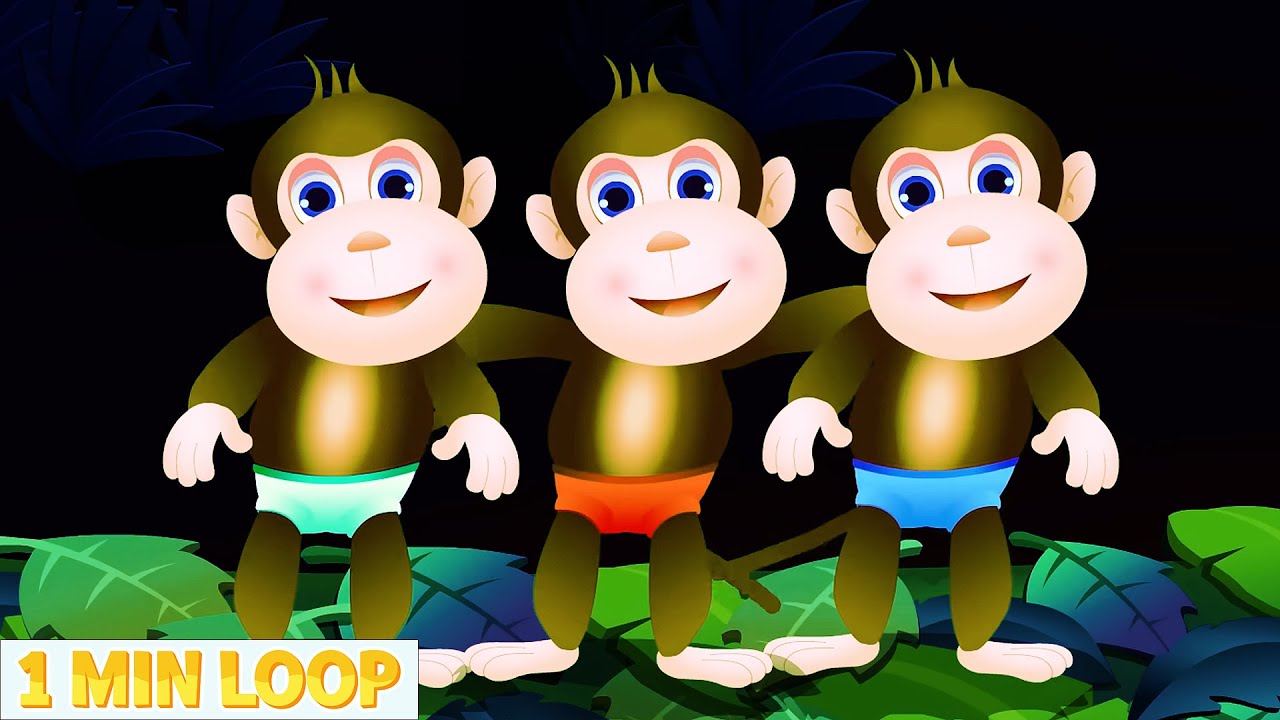[1 Min Loop] Five Happy Monkeys Jump & Play 🐵🛏️ | Cute 3D Nursery Rhyme with Lyrics @ToonyMonka