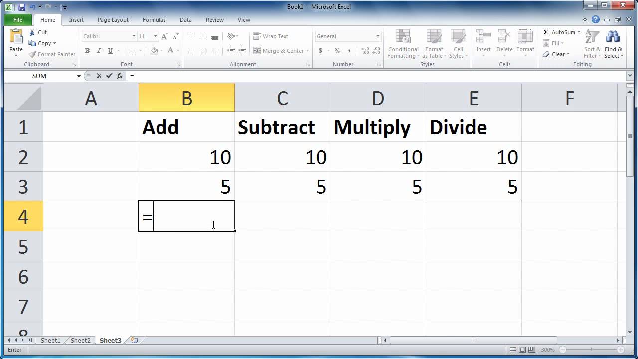 Excel 2010 - Add, subtract, multiply, and divide