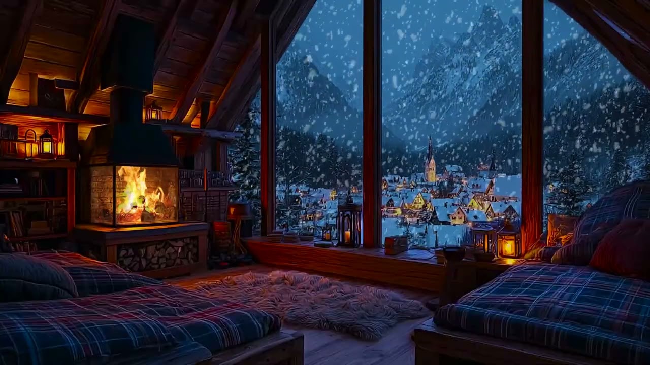 Quiet Winter Cabin Snowfall with Soft Fireplace Crackling Sounds for Deep Sleep and Focus