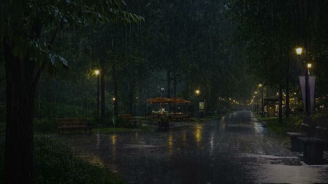 Heavy Rain Sounds for Sleeping & Tinnitus Relief | ASMR Rain on Empty Park to Knock Out Insomnia