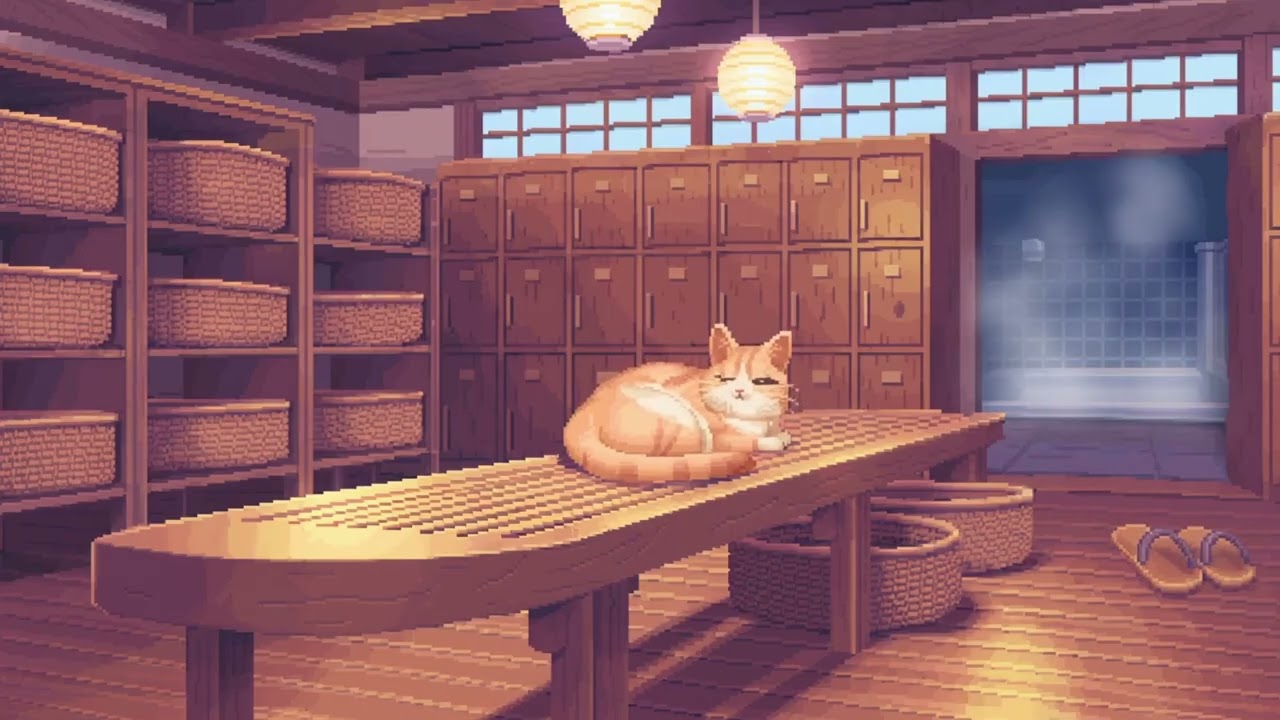 夜の温泉と猫｜湯気に包まれる静かな癒しBGM ♨️🐈