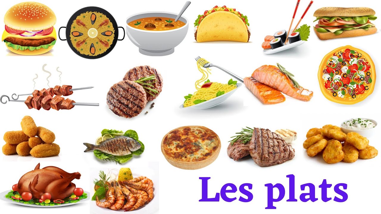 Les plats en français. Apprendre facilement les noms des plats  en français.🍤  🐟 🐔 🍣   🍝  🍕