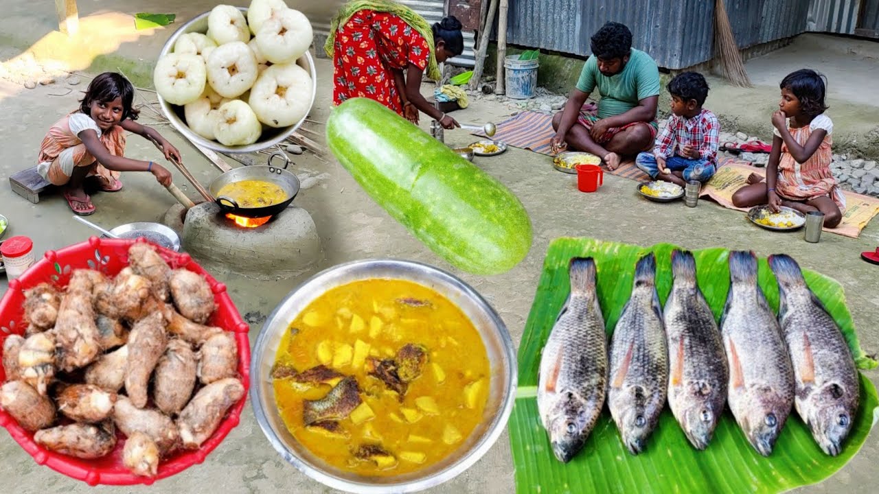 This Small Girl helps her MOTHER to cook TELAPIA FISH curry with fresh TARO ROOT & eat all together