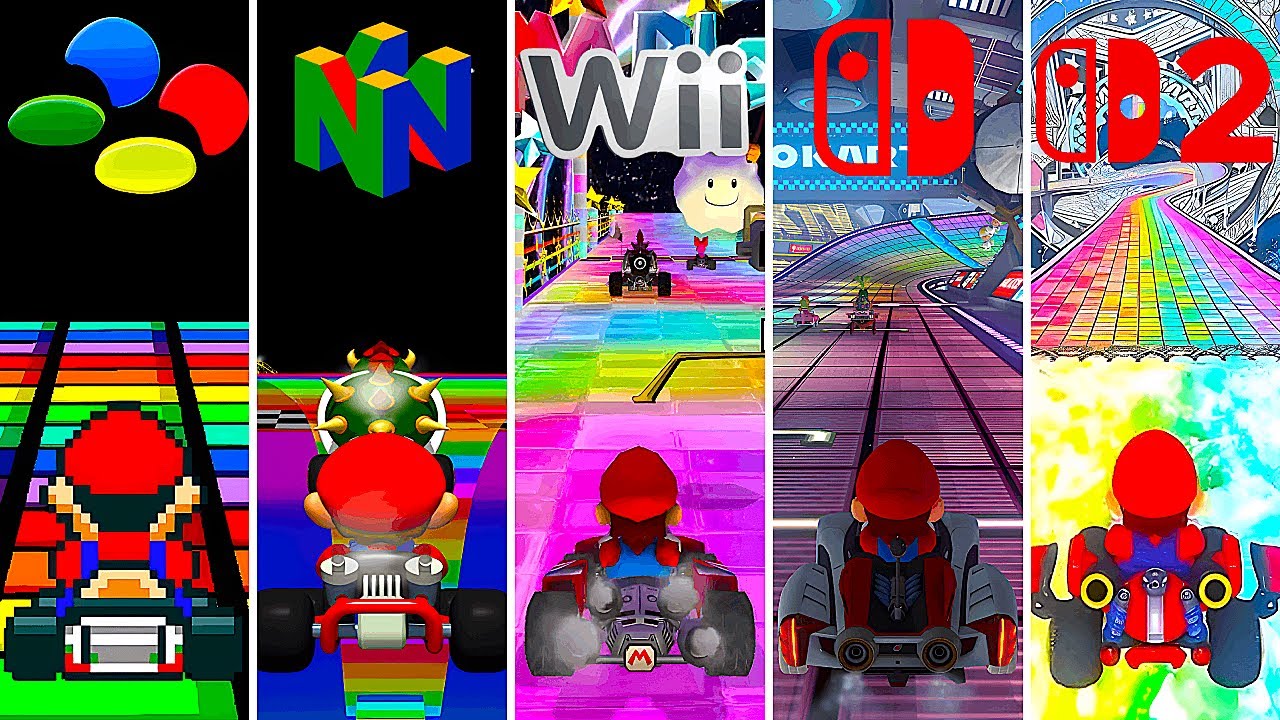 Evolution of Rainbow Roads in Mario Kart Games (1992-2025)