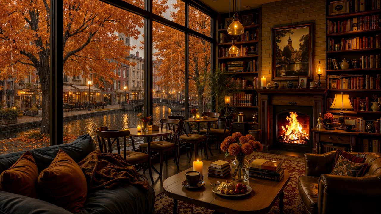 Warm Rainy Autumn Coffeehouse Jazz 🍁☕ Smooth Piano & Crackling Fireplace for Reading and Deep Focus