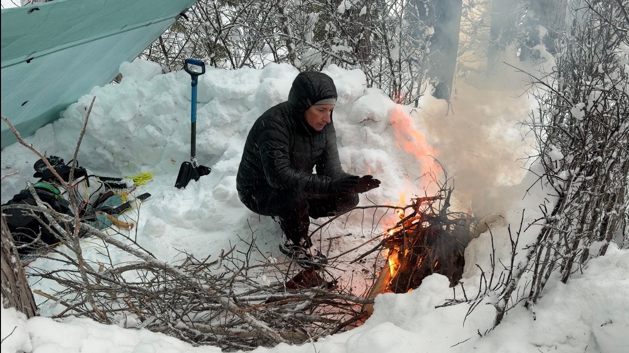 Alone in a Winter Snowstorm | Solo Overnight (No Tent, Just a Tarp)