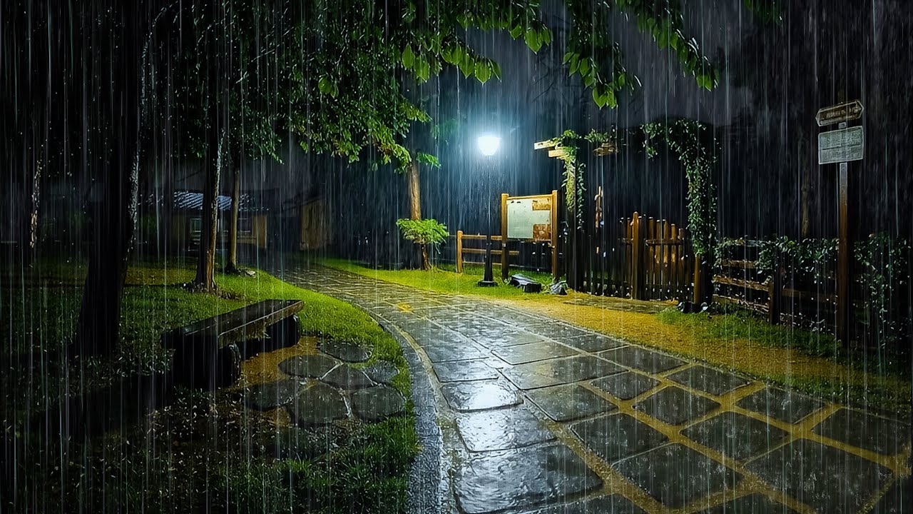 Rainy Night at Peaceful Park to Cure Insomnia | Soft Rain ASMR to Sleep & Relax Deeply