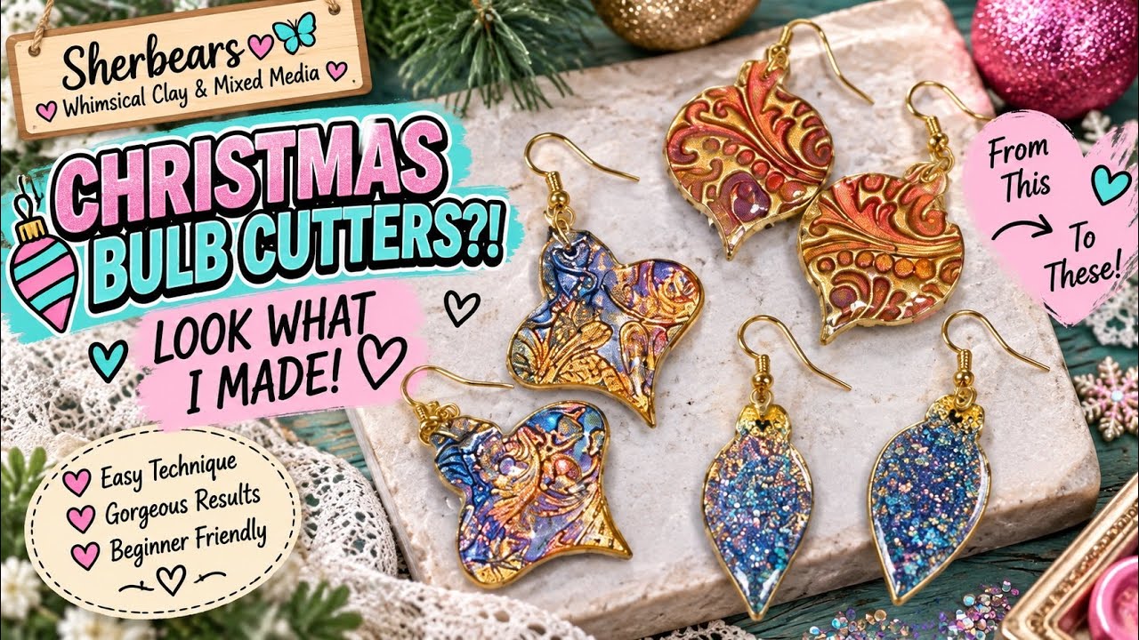 Create fancy earrings using Christmas cutters, Polymer clay, stamp, alcohol ink, metal leaf, boho
