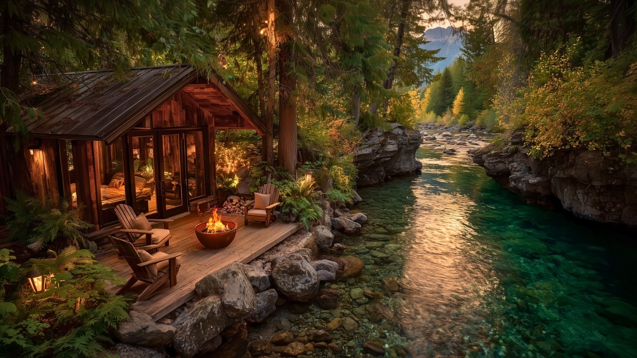 Peaceful Riverside Cabin 🔥 Forest Birds, Flowing River & Firepit Sounds