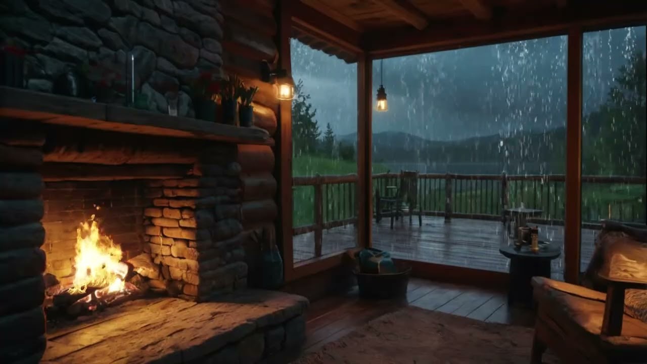 ASMR Rainstorm and Fireplace Sounds for Relaxing Sleep in Cozy Cabin 🛋️
