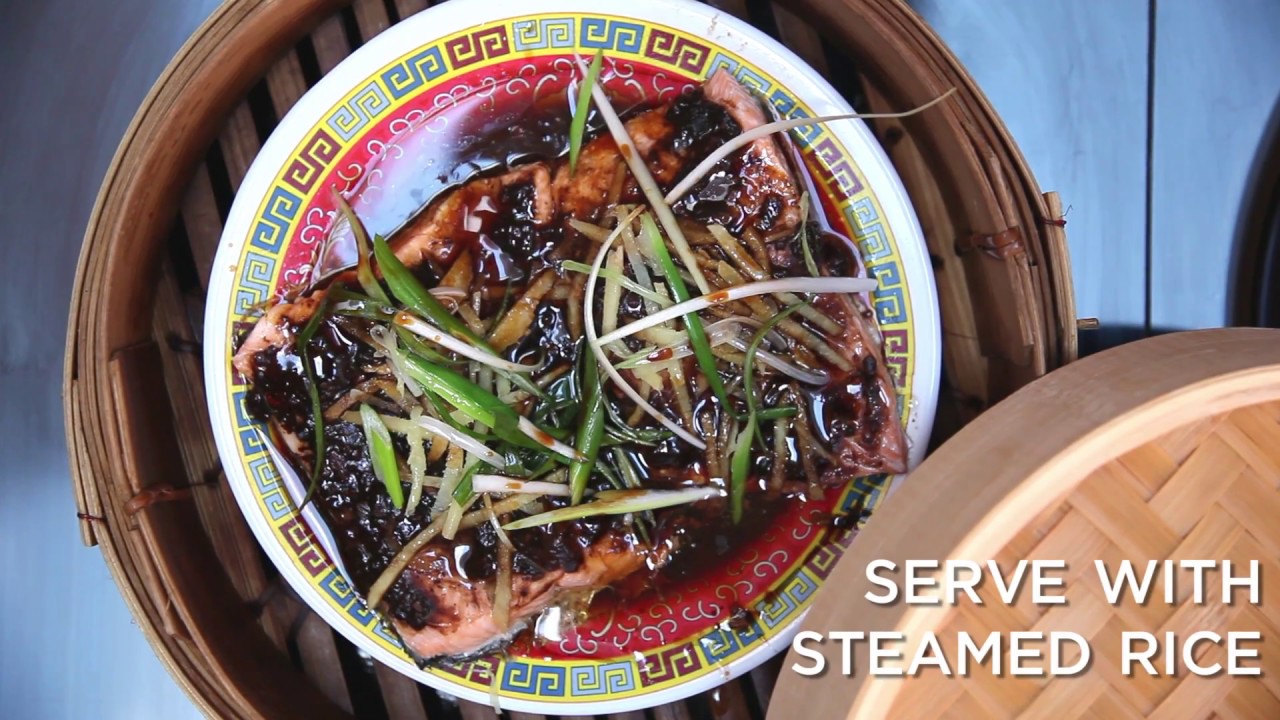 Steamed Salmon with Black Bean Sauce, Ginger and Spring Onion