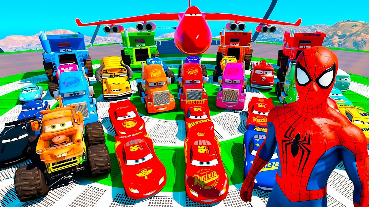 SPIDERMAN McQueen CARS STUNTS! Lightning McQueen vs Jackson Storm! Mack Truck Crane Jumps - GTA 5