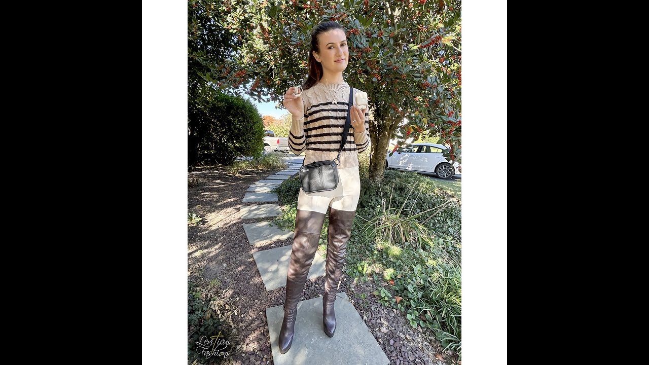 FALL FASHION MODEL MADISON REVIEWS LYTMI COZYFIT HEADPHONES LEATHER LEGGINGS SWEATER THIGH BOOTS